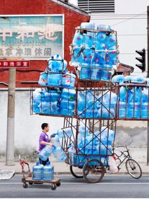Chinese artist: balacing the water bottles
